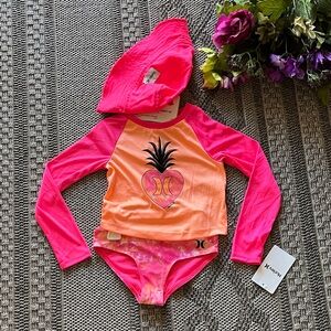Hurley Kids Pink and Orange Rashguard/Bikini Bottom/Bucket Top 3 pc Set Size 4T